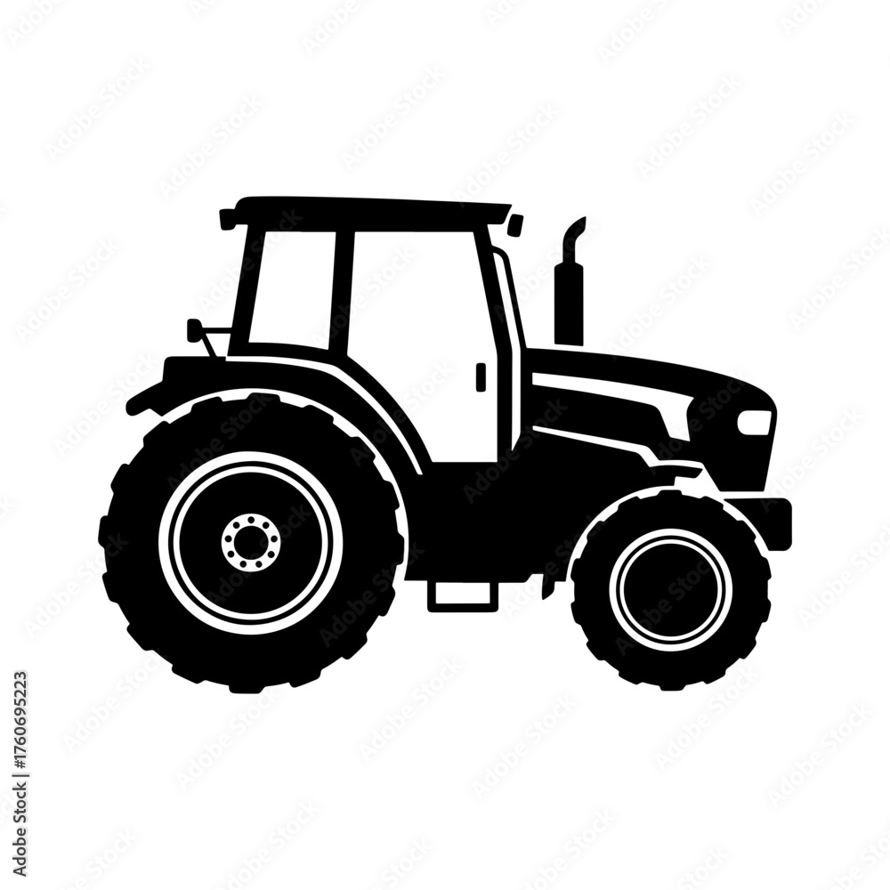 Obraz premium Illustration of a black tractor with large tires and a cabin on a white background design element