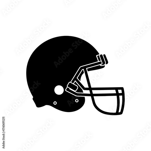 Illustration of a black football helmet with a face mask on a white background in a side view position