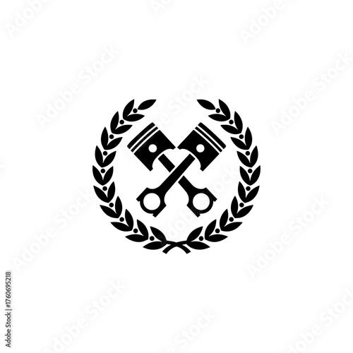 Two crossed pistons encircled by a laurel wreath in a black and white vector illustration design