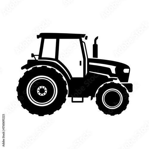 Illustration of a black tractor with large tires and a cabin on a white background design element
