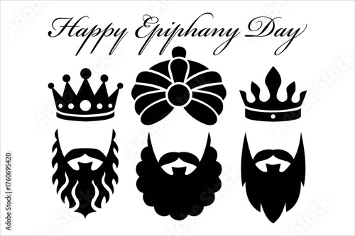 Happy epiphany day kings silhouettes with crowns and beards festive greeting graphic