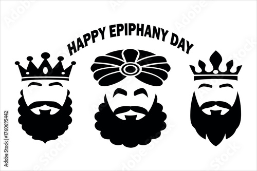 Three wise men celebrate happy epiphany day with crowns and turbans religious festival