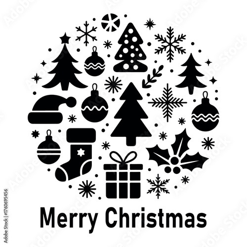 Merry christmas festive icons circle arrangement featuring trees ornaments snowflakes gift holly