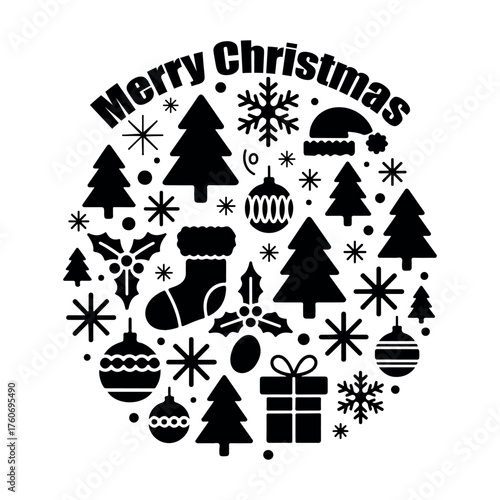 Merry christmas icon festive design featuring trees snowflakes ornaments stockings gifts holly and santa hat