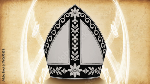 A black and white ornate bishop's mitre (miter) in a traditional Gothic style 
