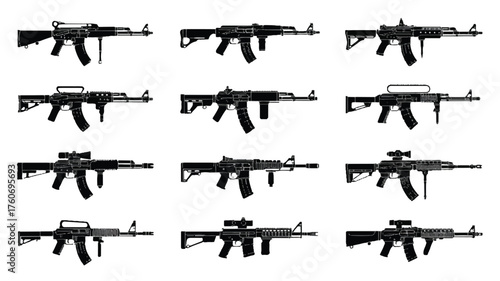 A black and white silhouette illustration of 12 different assault rifles arranged in a 3x4 grid pattern against a white background 
