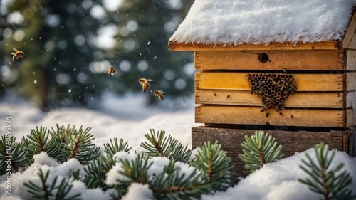 Bees flying around a wooden beehive in a snowy landscape with evergreen trees in the background