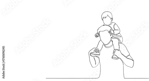 Father's day concept line art illustration of a father carrying his child on his shoulders. Love and care