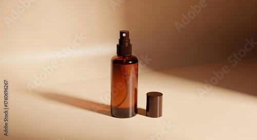 Spray bottle mockup with cap, displayed on soft brown surface with gradient light and deep shadows.