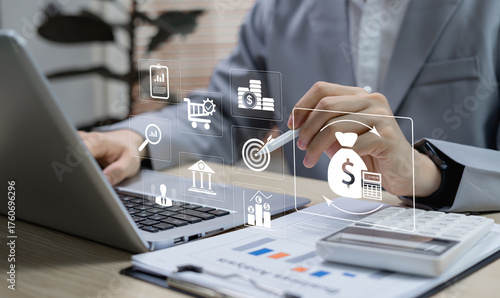 Businessman reviewing budget plan, focusing on company expenses, revenue, employee bonuses, salary planning, tax payment, financial control, and cost optimization.