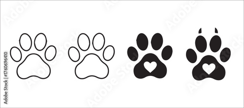 Four stylized paw prints in black and white showing outline and solid fill with a heart detail