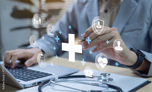Health insurance and financial assurance concept with hospital investment as future asset advantage for medical security, growth, and strategic decision planning.