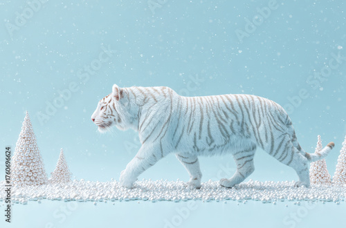 White Tiger Walking in Snowy Winter Landscape with Minimalist Style