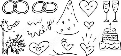 Set of wedding celebration elements: rings, cake, hearts, and birds in a simple monochrome vector illustration.