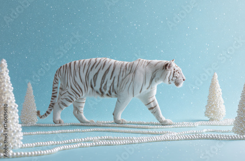White Tiger Walking in Snowy Winter Landscape with Minimalist Style