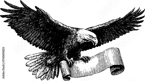 Eagle with wings spread holding a banner in its talons. Vintage black and white vector illustration with detailed ink sketch style.