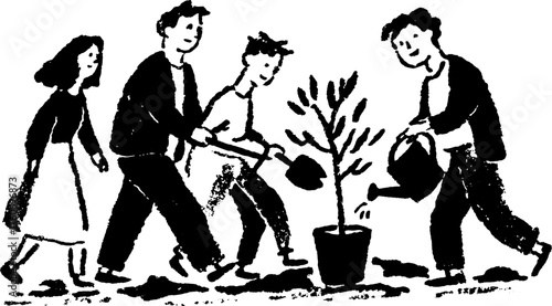 Group of people planting a tree in a black and white vector illustration. Active participation in gardening set promoting teamwork and environmental care.