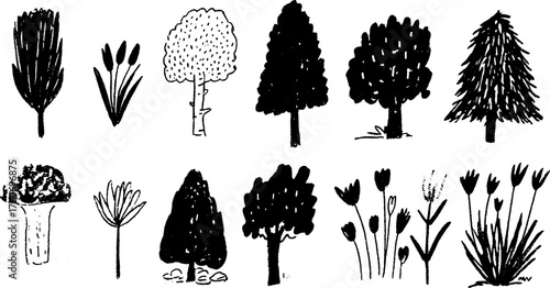 Silhouette drawings of trees and flowers in black outline. Simple vector illustration set in hand-drawn style.
