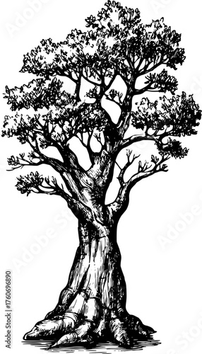 Tree sketch illustration in black and white. Detailed vector art showing branches and leaves, ideal for botanical design.