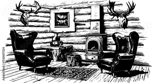 Cozy room with antique chairs and a classic fireplace in a wooden cabin. Detailed black outline drawing, representing a warm interior vector illustration.