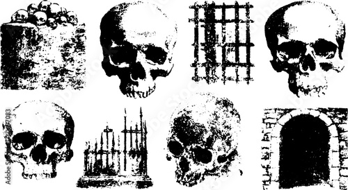 Vector illustration of skulls with a vintage style. This set features black and white elements like gates and graves, creating a haunting atmosphere.