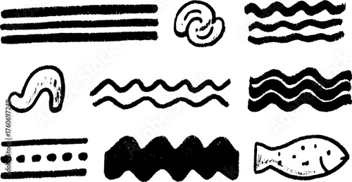 Hand-drawn black silhouette outlines. Assorted wave shapes and fish in a unique vector illustration set.