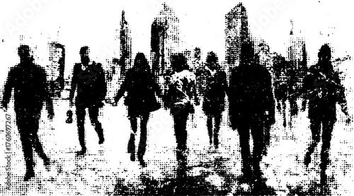 Crowd of people walking in an urban setting. Silhouettes of men and women in professional attire, captured in a monochrome vector illustration.