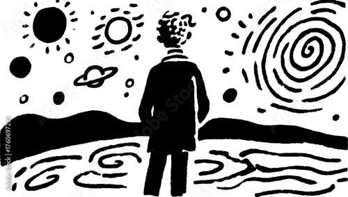 Silhouette of a person looking into the universe. Abstract black and white vector illustration with stars, planets, and wavy scenery.