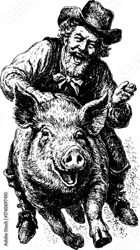 Engraving of a man riding a pig in a vintage style. This illustration features a happy character wearing a hat, ideal for a vector set.
