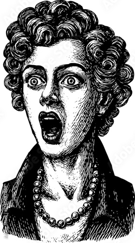 Scream face, vintage illustration of a woman with curly hair and a shocked expression. Black and white vector style illustration.
