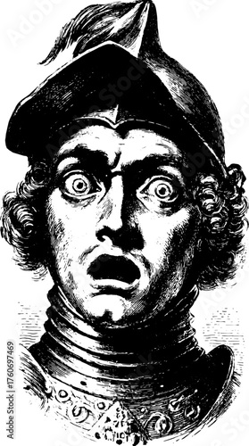 Vintage illustration of a shocked character wearing a helmet. This black outline vector artwork captures an expression of fright, showcasing artistic style.