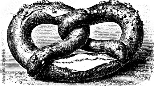 Pretzel in vintage engraving style. Black outline drawing ideal for food contexts, with detailed texture. Classic vector illustration.