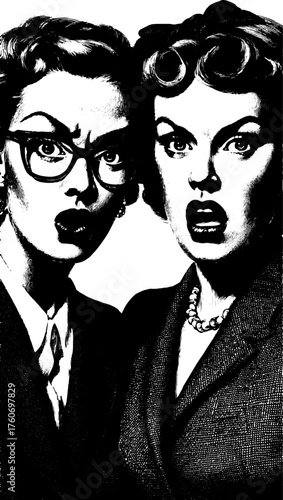 Engraving illustration of two women with expressive faces. This black and white vector set features stylish accessories and hairstyles in a vintage style.