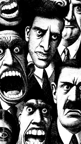 Engravings of expressive faces in a retro style. Detailed black and white vector illustration capturing emotion and character in a unique set.
