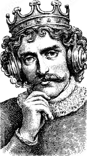 King with headphones in a thoughtful pose. Antique hand-drawn vector illustration featuring intricate details in a vintage style set.