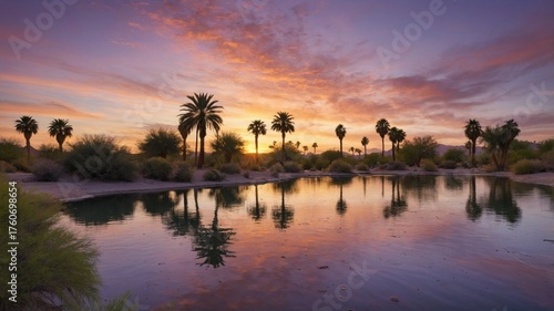 Serene sunset over a tranquil pond surrounded by palm trees and lush vegetation in a desert landscape