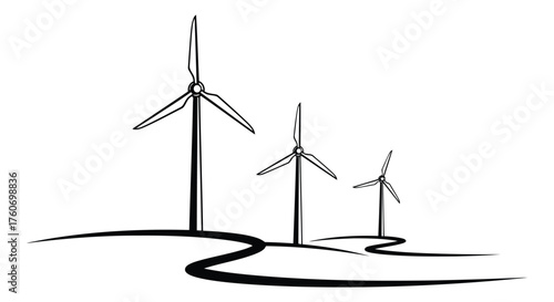 Wind Turbines on a Hill Renewable Energy Icons for Sustainability, Environment, & Power Generation
