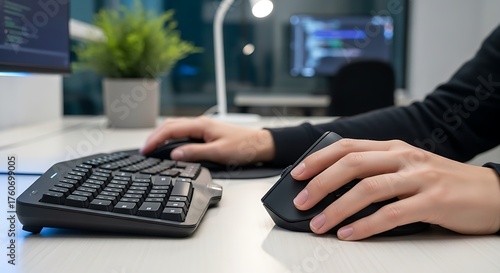 Person using ergonomic keyboard and mouse in a modern office setting