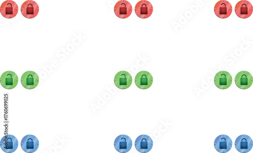 Set of 9 setting gear icons in red, green, and blue circle designs, representing configuration, control, and customisation options.