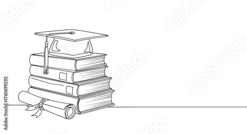Monochrome illustration featuring a stack of books, graduation cap, and diploma, symbolizing education and knowledge