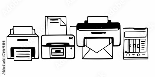 Illustration of four different printers with varying paper outputs and a control panel in black and white on transparent background