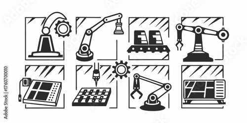 Illustration showcasing various automated industrial processes and robotic machinery in a monochrome style on transparent background