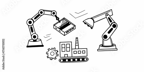Illustration showing two robotic arms working in a factory setting with a building and gear present too on transparent background