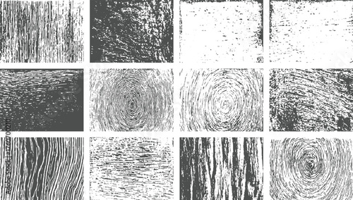 Set of Nine Black and White Wood and Grunge Textures Rubbed aged texture with a halftone raster pattern. Black and white grunge frame. rough and dirty texture vector design on transparent background.