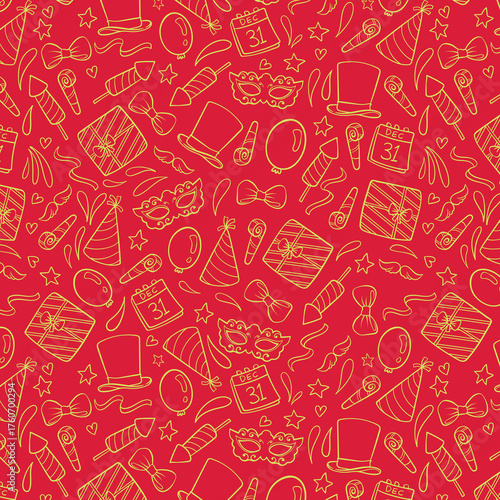 New Year, Birthday party or any celebration concept vector seamless pattern Doodle style party texture Wallpaper wrapping paper background, card or banner template or textile prints or else