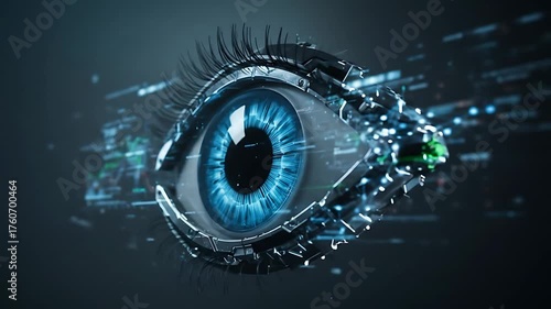 Futuristic robotic eye with digital elements, symbolizing technology and vision in a dark setting
