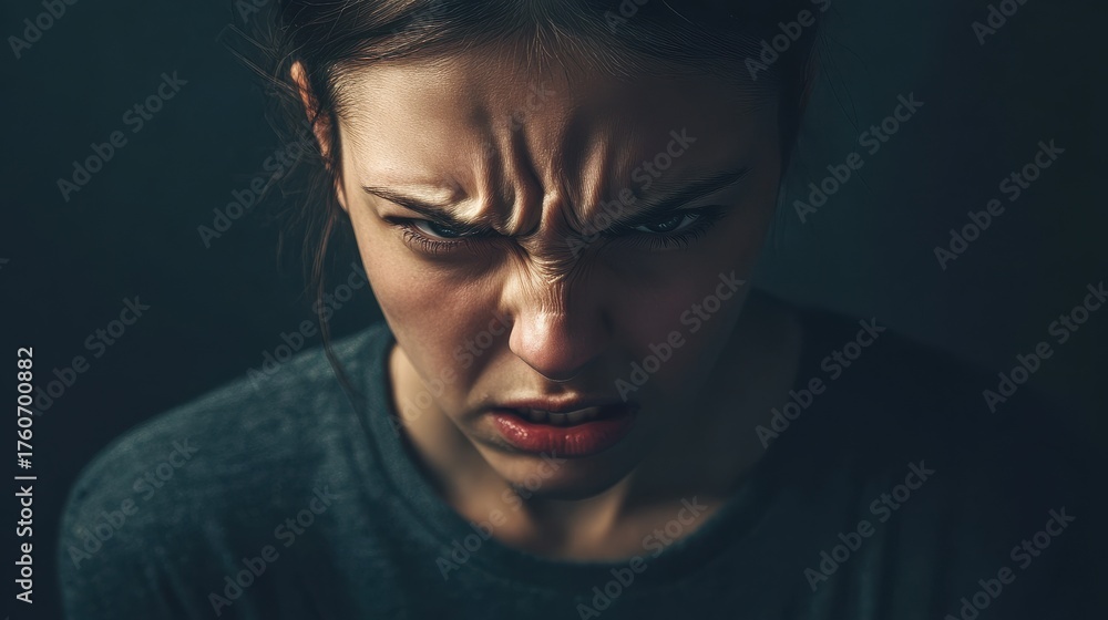 Fototapeta premium Facial expression of anger captured in a dramatic lighting setting with strong emotions displayed