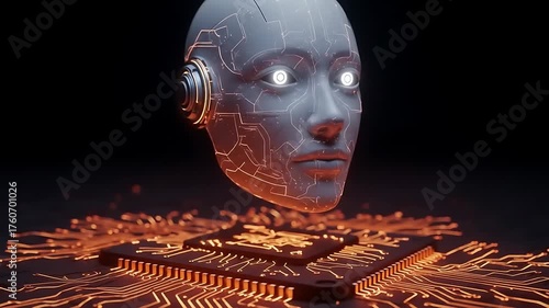 Futuristic robotic head with glowing circuits on a microchip background, symbolizing AI technology