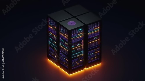 Futuristic server tower with neon lights glowing in a dark environment, showcasing advanced technology