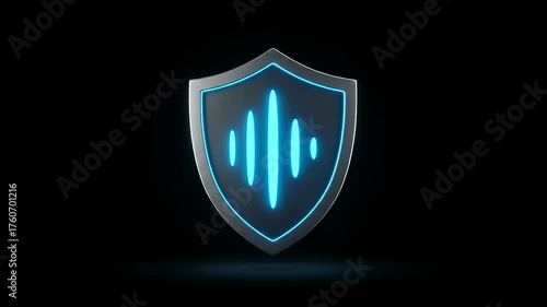 Futuristic shield design with glowing blue sound waves on a dark background, symbolizing protection